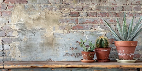 Succulents and cacti in clay pots against a brick wall 