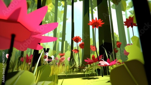 a digital painting of a lush green forest with red and pink flowers in the foreground and a black and white cat in the background. photo