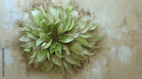 a painting of a green and white flower on a beige and white background with a brown spot in the center of the flower. photo