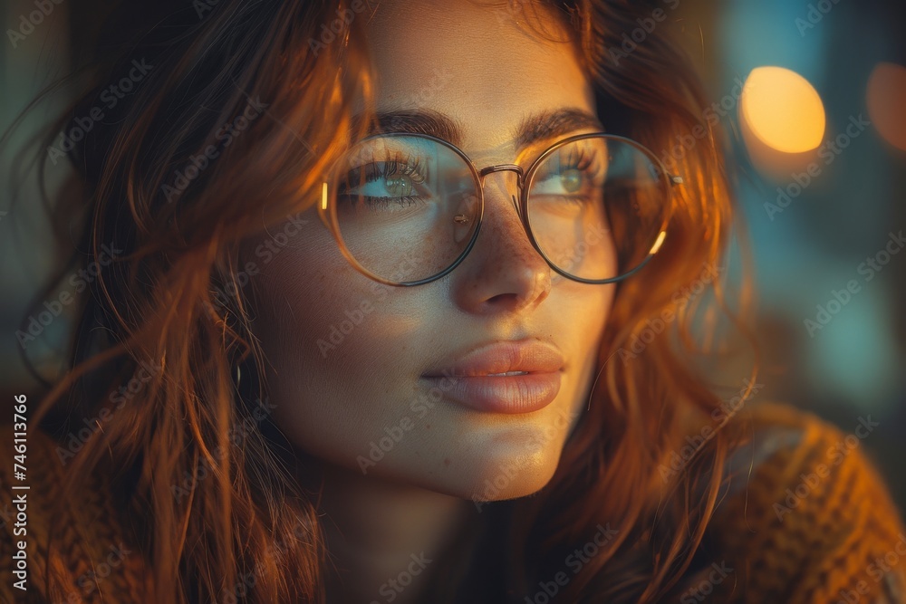 A reflective mood captured as warm light bathes the face of a woman with glasses A reflective mood captured as warm light bathes the face of a woman with glasses