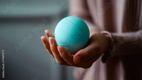 A close-up image of a hand gently cradling a textured blue stress relief ball, indicative of mindfulness and stress management practices