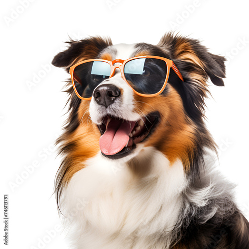 Cute Portrait of a Happy Australian Shepherd Dog in Sunglasses, Isolated on Transparent Background, PNG