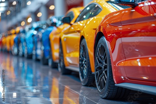 A vibrant row of high-performance sports cars on display in a bright showroom environment © svastix