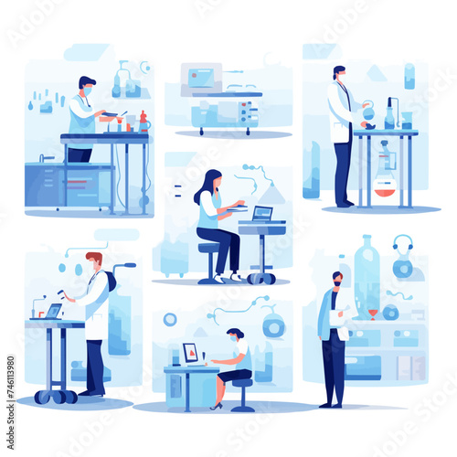 Medical tests illustration set. Laboratory doctor or chemist testing patients urine and blood samples and saving lab results online. Health care and medicine concept. Vector illustration