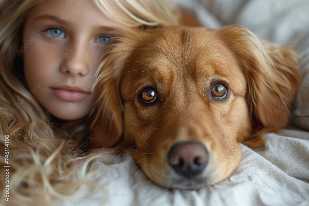 A tender moment between a young girl and her dog as they snuggle together on a bed