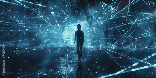 person in a network of lines standing in a nighty space, in the style of light-focused, futuristic landscapes photo