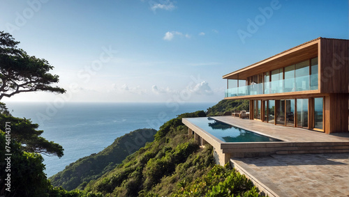 Villa de lujo con piscina frente al mar en la costa tropical o en islas del pacífico