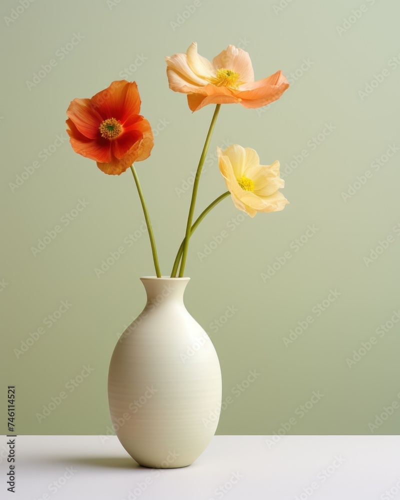 three orange and white flowers in a white vase on a white countertop against a green background with a light green wall. three orange and white flowers in a white vase on a white countertop against a green background with a light green wall.