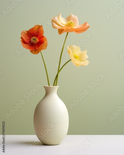 three orange and white flowers in a white vase on a white countertop against a green background with a light green wall. © Olga