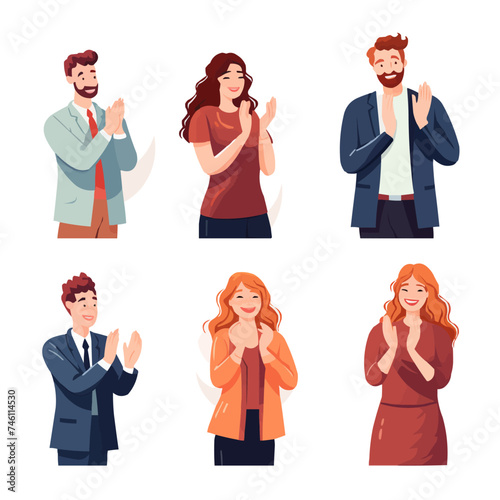 People clapping with hands, applauding set. Happy men, women greeting, congratulating with appreciation, support gesture, applause. Flat graphic vector illustrations isolated on white background