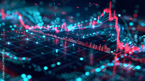 a blurry background with red financial graphs, in the style of dark blue and light beige, pointillist dots and dashes, poured resin, futuristic settings