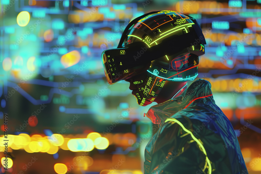 young man wearing a virtual realityr device in front of a city scene, retro-futuristic cyberpunk, blue, orange young man wearing a virtual realityr device in front of a city scene, retro-futuristic cyberpunk, blue, orange
