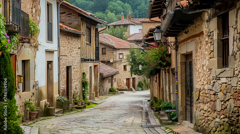 A peaceful cobblestone street lined with traditional stone houses adorned with flowering plants in a quaint historical village (3)