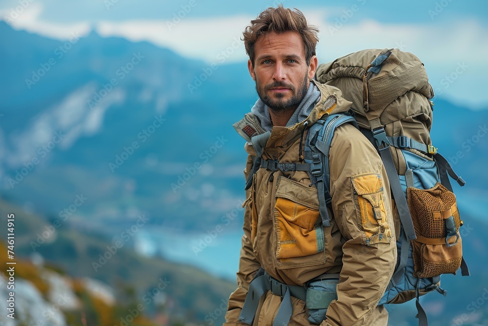A rugged man with a serious expression carries a large backpack while hiking in the mountainous terrain