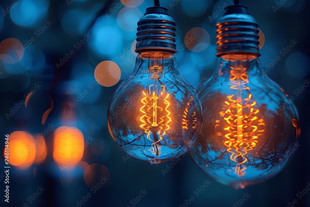 Two vintage light bulbs glow with warmth and nostalgia, set against a cool blue, bokeh background