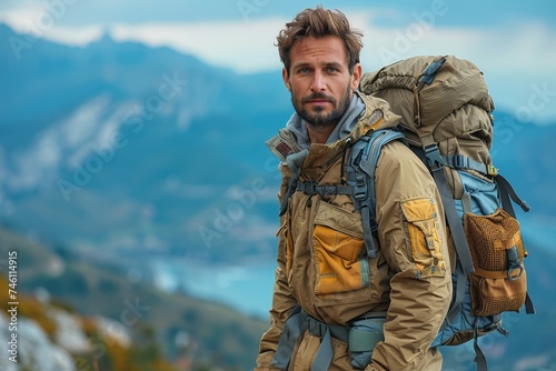 A rugged man with a serious expression carries a large backpack while hiking in the mountainous terrain