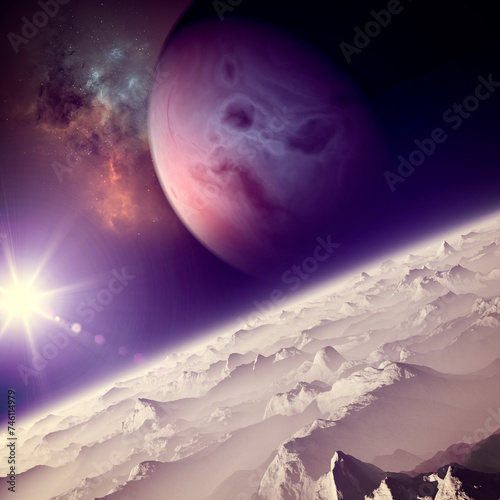 Planets and exoplanets of unexplored galaxies. Sci-Fi. New worlds to discover. Colonization and exploration of nebulae and galaxies. 3d rendering