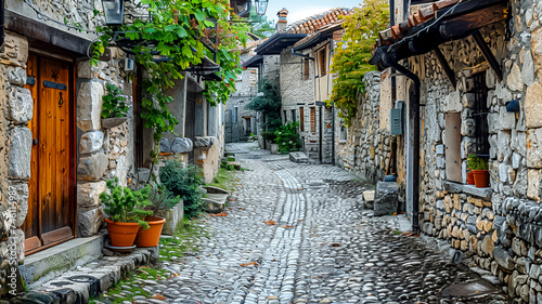 A peaceful cobblestone street lined with traditional stone houses adorned with flowering plants in a quaint historical village  4 