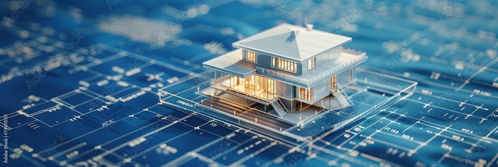 Fototapeta premium Model home sitting atop architectural blueprints for architect, real estate, and house concepts