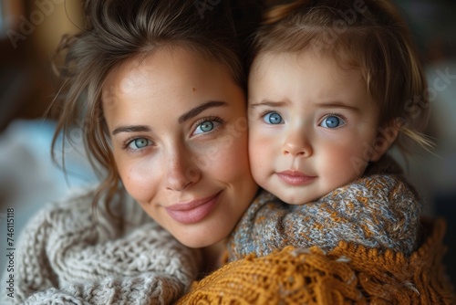 A close-up portrait of a young mother and her toddler, both with striking blue eyes, wrapped in cozy knits