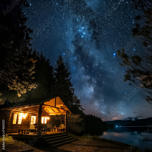 Starry Night Sky Over Lakeside Cabin Retreat © HustlePlayground