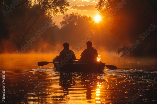 Two people canoeing down a river with the sunset behind them, signifying adventure and exploration