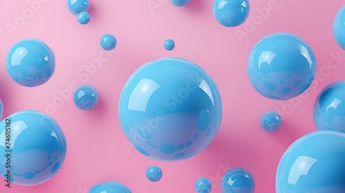 a group of blue bubbles floating on top of a pink and pink surface with a pink and blue wall in the background.