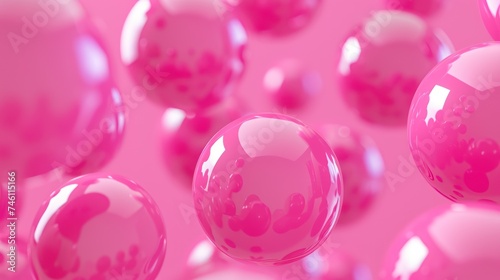 a bunch of shiny pink balls floating in the air on a pink background that looks like they are floating in the air.