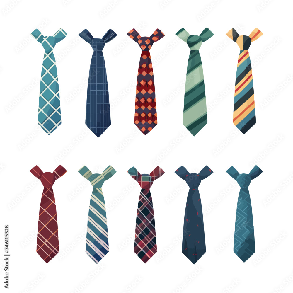 Set of colored man ties and bow ties with different patterns. Neck tie collection for business or party. Accessories for man suits. Vector flat illustration isolated on white background Set of colored man ties and bow ties with different patterns. Neck tie collection for business or party. Accessories for man suits. Vector flat illustration isolated on white background