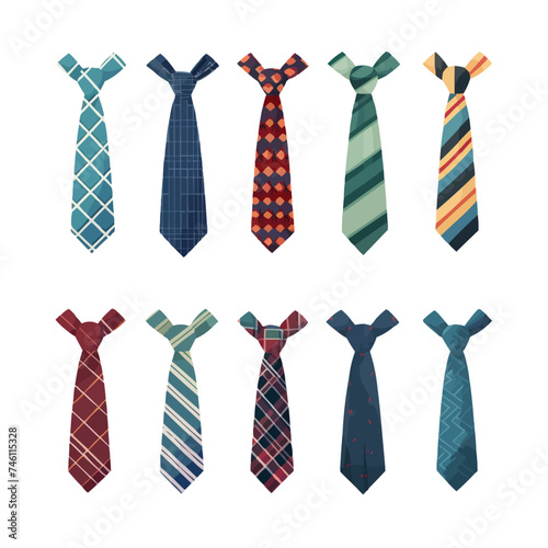 Set of colored man ties and bow ties with different patterns. Neck tie collection for business or party. Accessories for man suits. Vector flat illustration isolated on white background