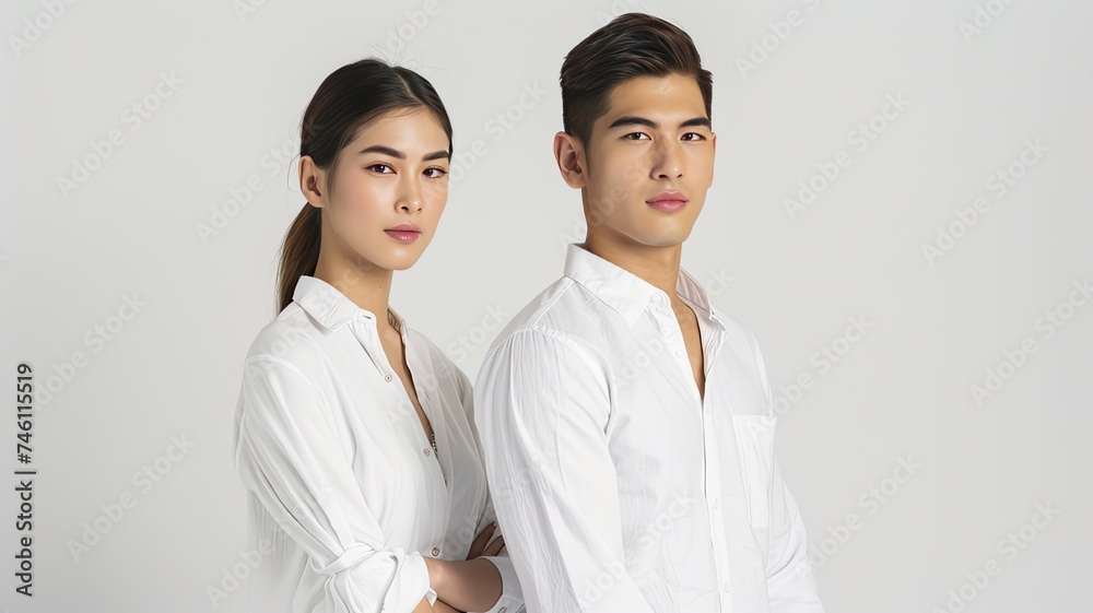 contrast between a South East Asian short-haired female and a big muscular male, both dressed in stylish shirt outfits, standing side by side in a pristine white background studio. contrast between a South East Asian short-haired female and a big muscular male, both dressed in stylish shirt outfits, standing side by side in a pristine white background studio.