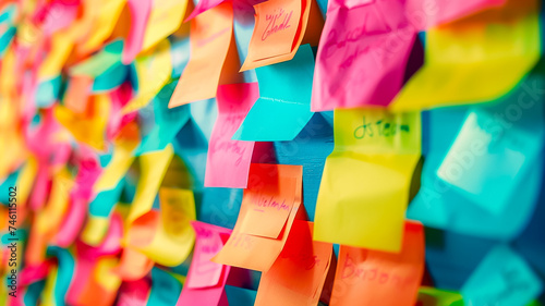 A vibrant collection of sticky notes on a wall, representing a brainstorming session, ideas, planning, and project management (3)