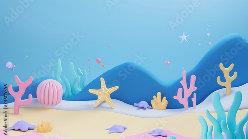 Underwater World Illustration: Seabed with Sand and Seaweed in 3D Cartoon Style for Children, Minimal Detail, Blue