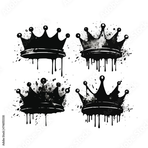 Set of graffiti spray painted crowns. Black brush paint king crown isolated on white background. Hand drawn street art vector illustration. Grunge airbrush drawing, inky elements with splashes