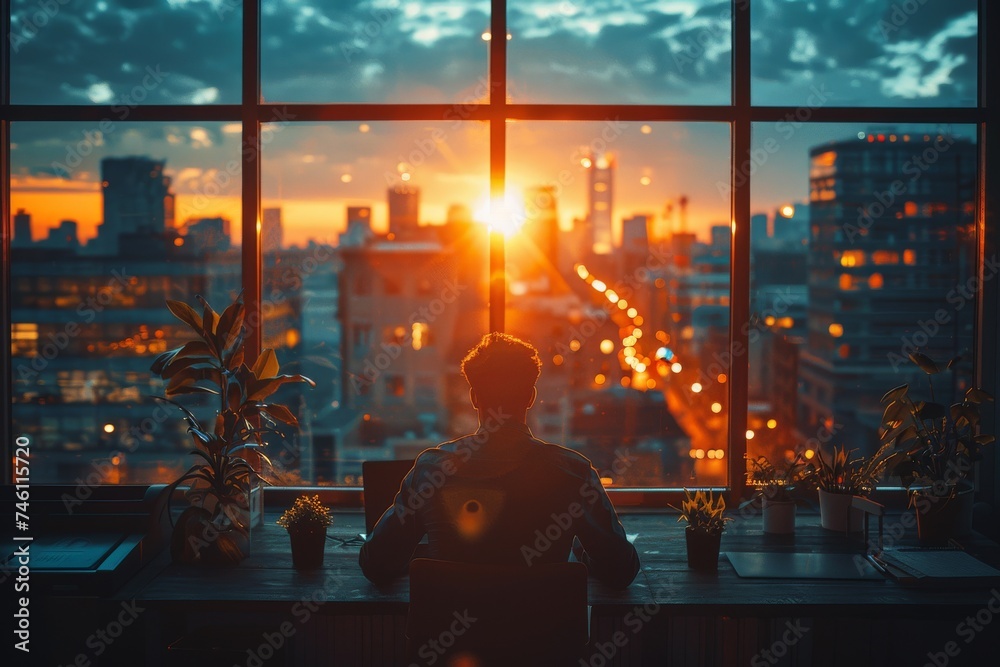 A man is silhouetted against a dramatic cityscape view from an office window as the sun sets, casting a warm glow over the urban horizon - obrazy, fototapety, plakaty 
