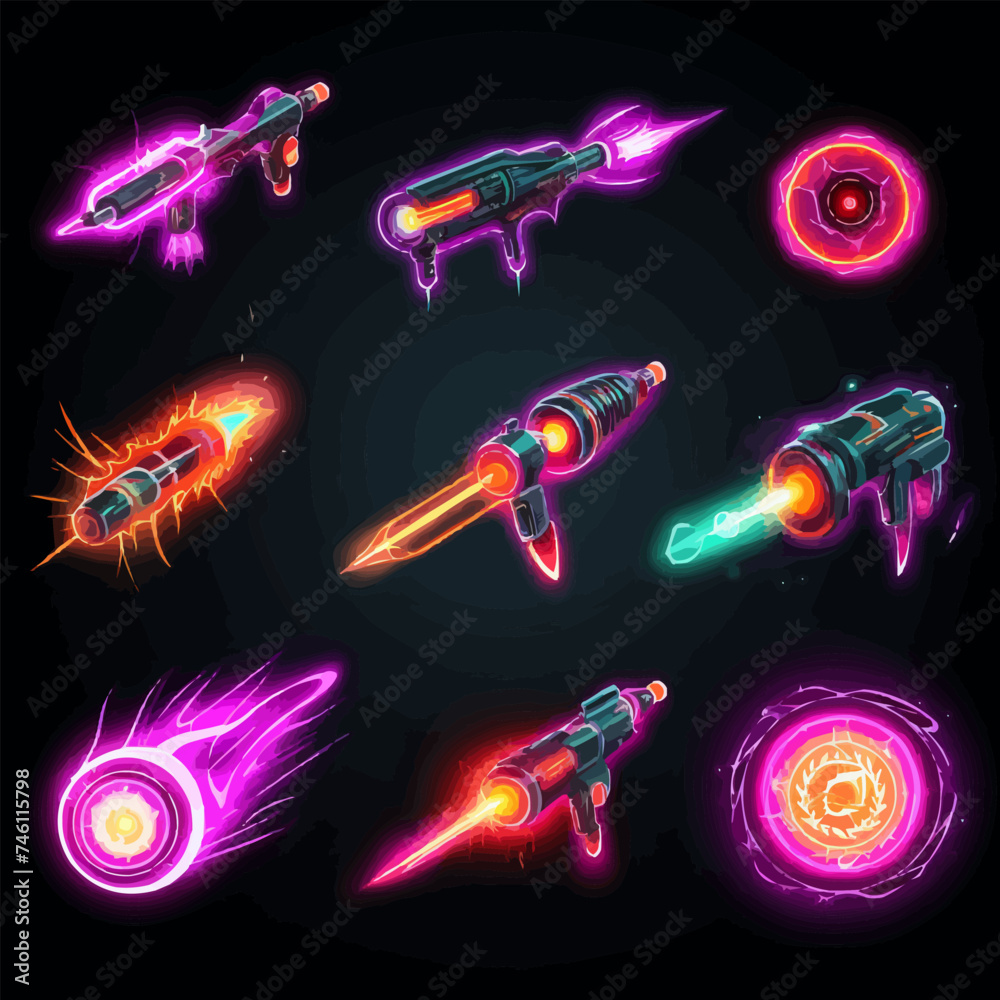 Set of laser gun shots isolated on black background. Vector cartoon illustration of neon color arrows glowing with green lightning, purple spiral, pink love spell, orange fire effects, blaster attack