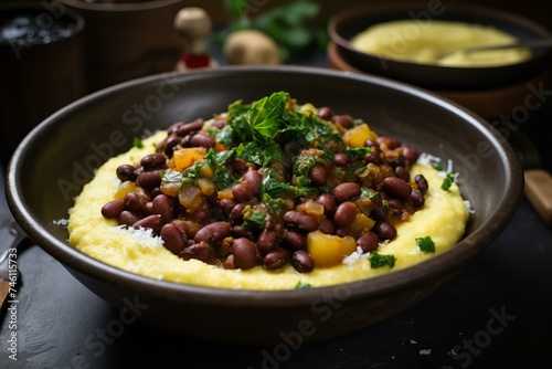 Warm Hands holding polenta beans bowl. Boiled cornmeal dish with white beans and spinach. Generate ai