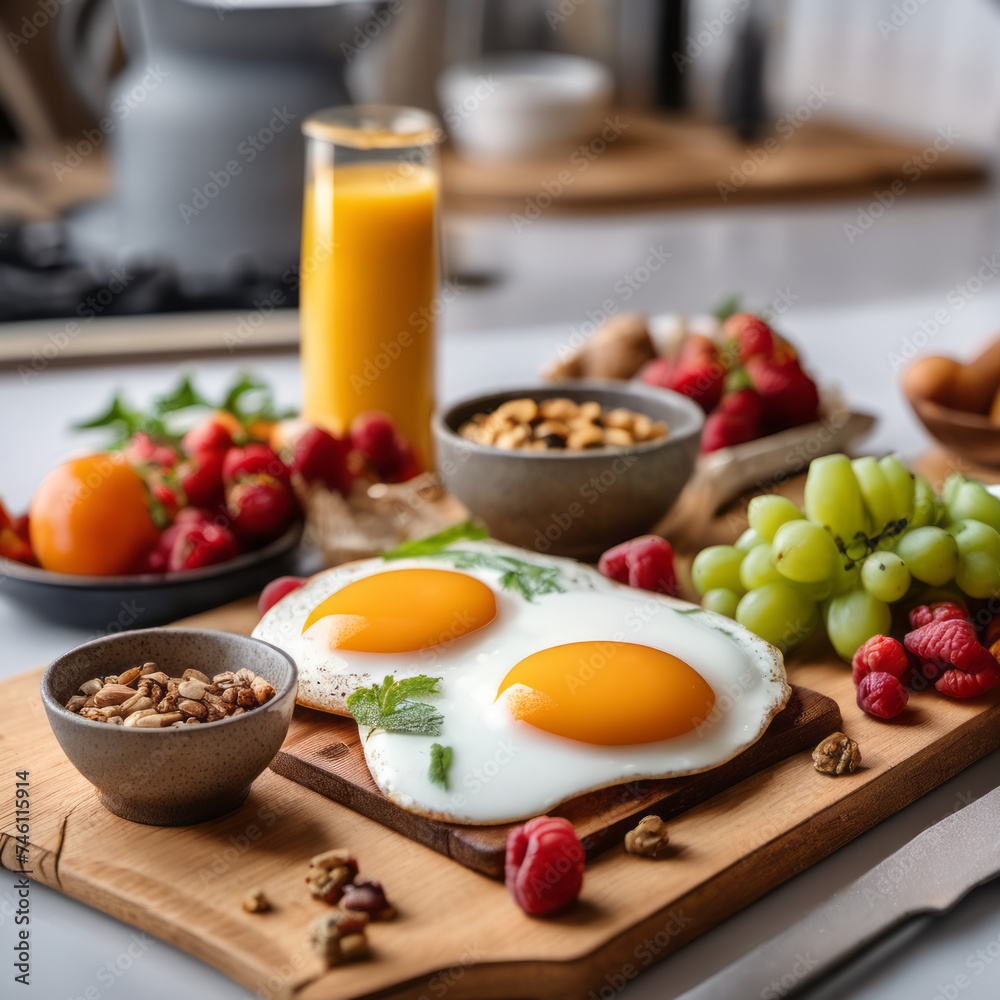 Closeup photo of a nutritious breakfast on a wooden board resting on a kitchen counter with fresh ingredients visible in the background.