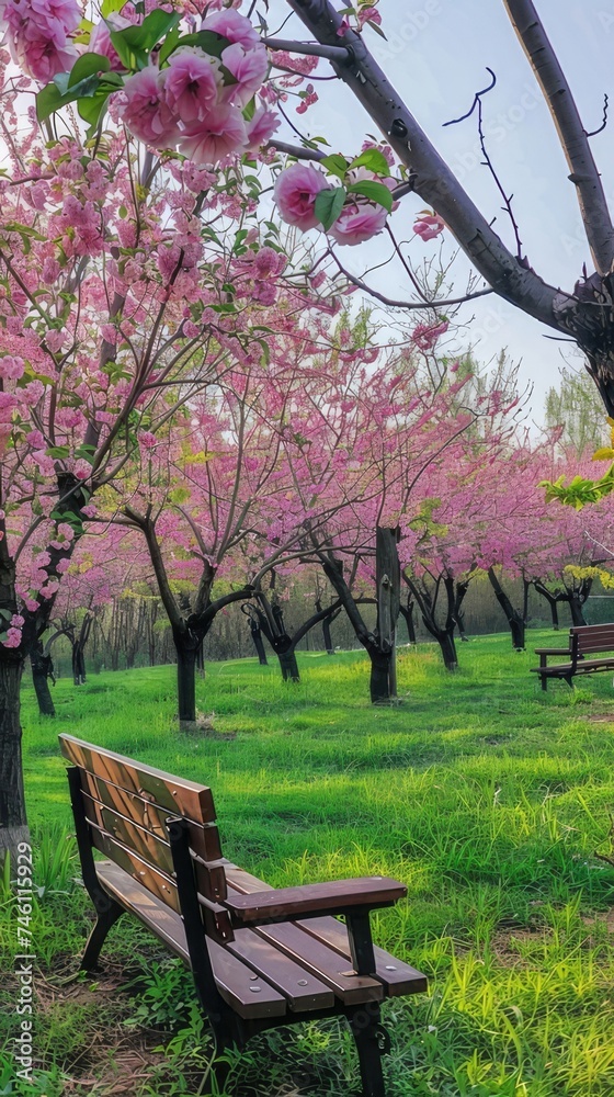 the peach blossom season in a park adorned with simple and natural wooden benches, nestled under the blooming peach trees, with lush green grass creating a picturesque setting.