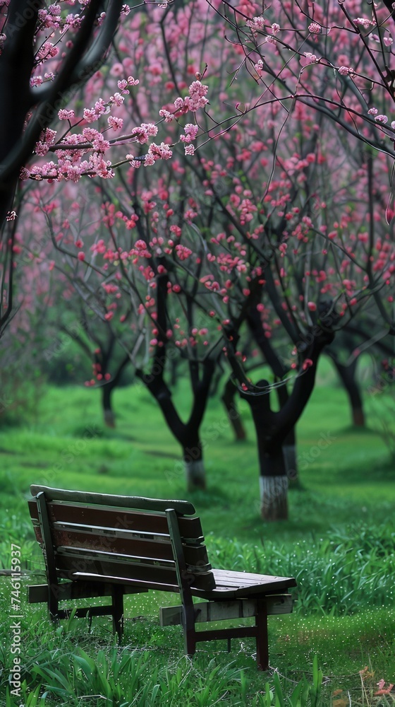 the peach blossom season in a park adorned with simple and natural wooden benches, nestled under the blooming peach trees, with lush green grass creating a picturesque setting.
