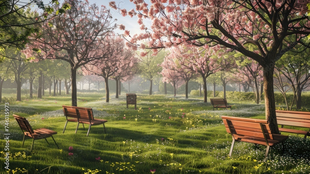 the peach blossom season in a park adorned with simple and natural wooden benches, nestled under the blooming peach trees, with lush green grass creating a picturesque setting. the peach blossom season in a park adorned with simple and natural wooden benches, nestled under the blooming peach trees, with lush green grass creating a picturesque setting.