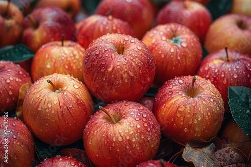 A high-resolution image focusing on the freshness and organic quality of dew-covered apples amidst green leaves