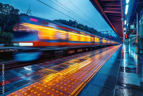 A long exposure captures the motion blur of a speeding train at an urban train station during twilit hours