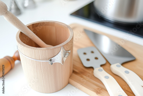 Scandinavian Inspired Wooden Ice Bucket with Ladle in Modern Kitchen Setting photo