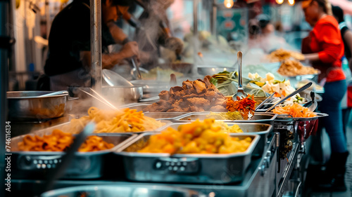 An overhead shot captures a diverse array of Indian dishes served at a bustling street food stall  with customers gathered around  3 