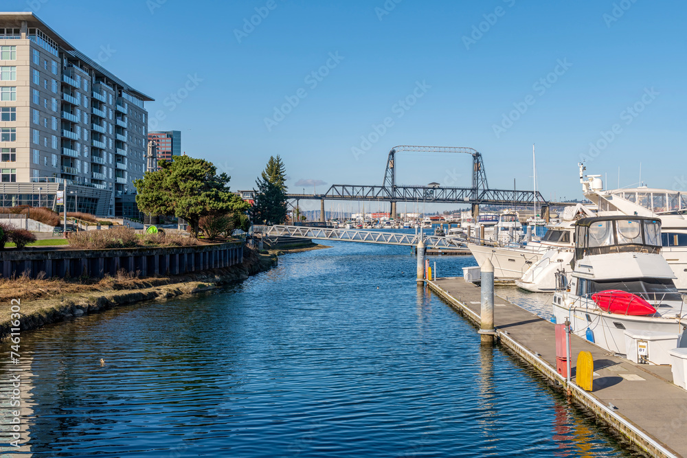 Tacoma Washington waterfront marina and bridge.