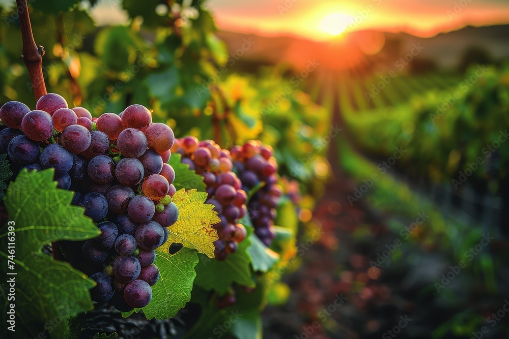 A stunning close-up of juicy, ripe grapes hanging on the vine, bathed in the golden light of the setting sun at a tranquil vineyard - obrazy, fototapety, plakaty 