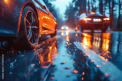 Night scene featuring a gleaming wet road surface with vibrant reflections of vehicle lights and raindrops