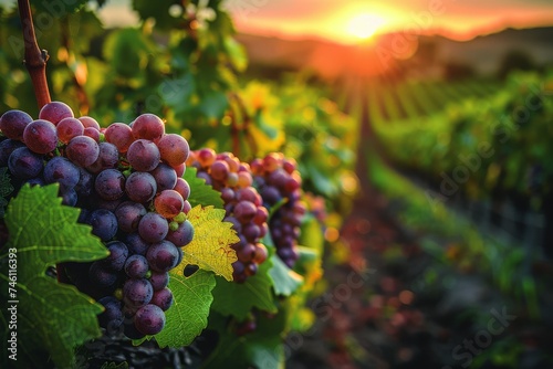 A stunning close-up of juicy, ripe grapes hanging on the vine, bathed in the golden light of the setting sun at a tranquil vineyard