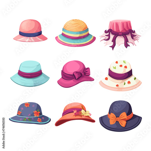 Summer cap or cartoon hat and sunhat set icon. Beach accessory girl and elegant clothes isolated vector illustration. Headdress collection element and headgear with ribbon for sea. Flat head clothing